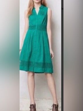 Maeve Swiss Dot Teal SZ 4 Pom Pom Crochet Shirt Dress from Anthropologie.